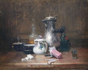 Natura morta del buongustaio. Natura morta con servizio da caffè, bottiglia di cognac e sigarette da Charles Monginot